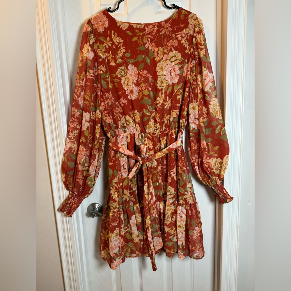 Garden Girl Flying Tomato Floral Layered Belted Dress Forest Fairy Rust / Flowy